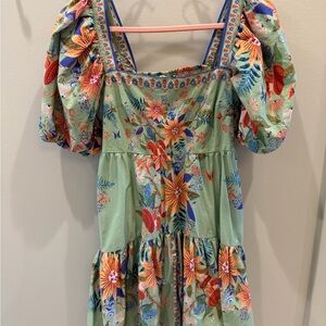 FARM Rio Green Floral Mini Dress with Orange & Blue Accents